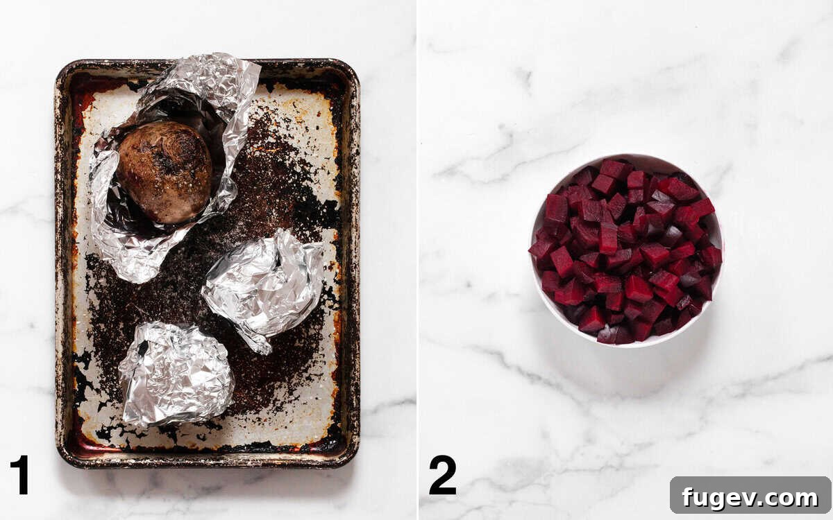 Mediterranean Farro Delight with Roasted Beets and Crumbled Feta 4 Foil packets of beets on a sheet pan, followed by a bowl of perfectly diced roasted beets.