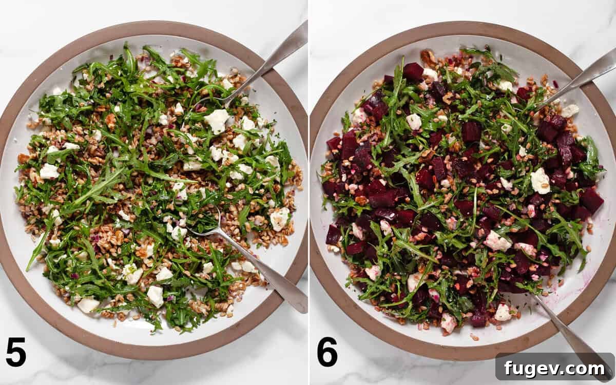 Mediterranean Farro Delight with Roasted Beets and Crumbled Feta 6 Salad ingredients tossed with dressing in a large bowl, and then the final salad with roasted beets gently folded in.