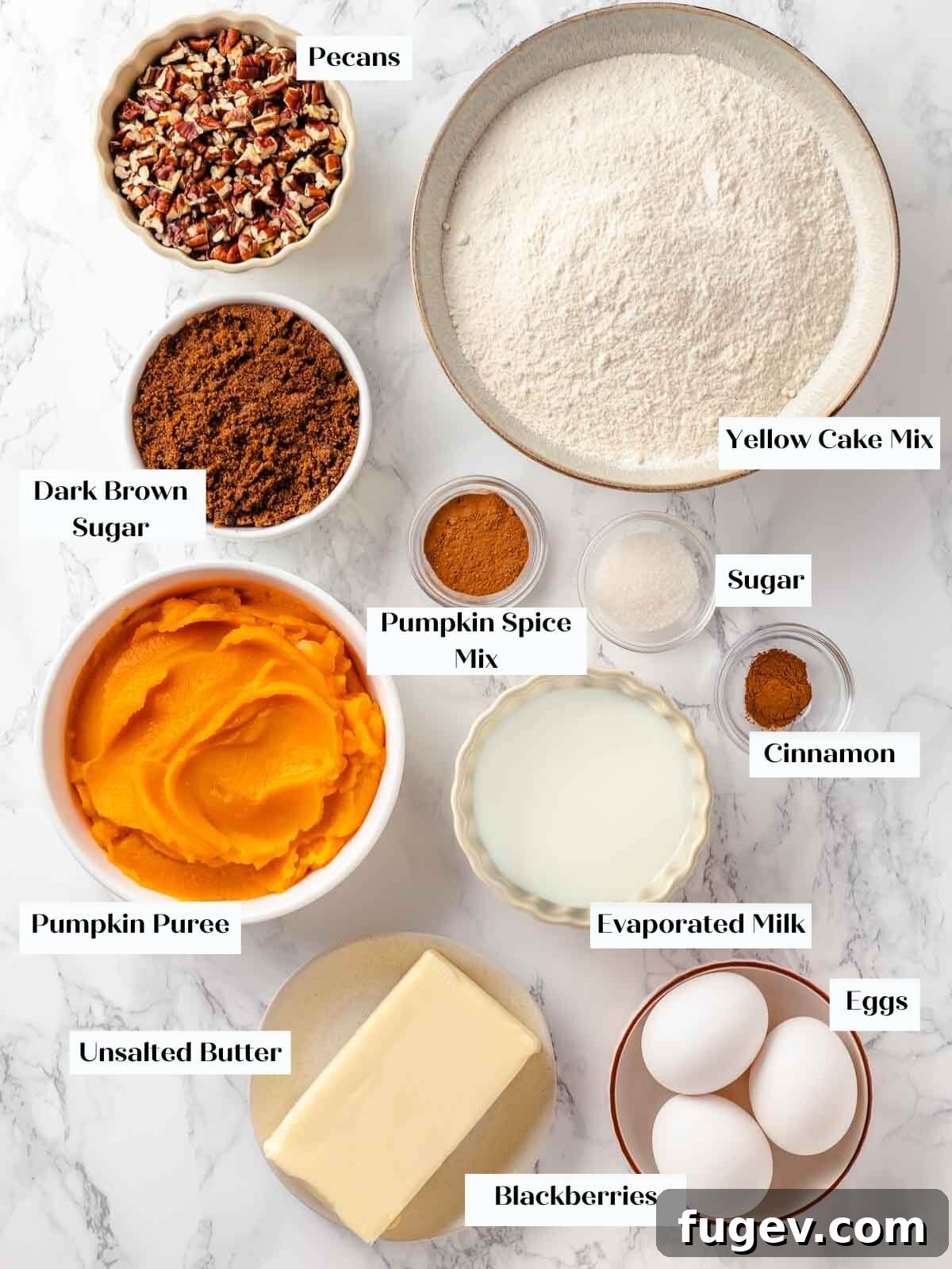 No-Fuss Pumpkin Dump Cake 3 All the fresh ingredients for pumpkin dump cake, including a can of pumpkin puree, evaporated milk, eggs, brown sugar, spices, yellow cake mix, pecans, and butter, neatly arranged on a white marble countertop.