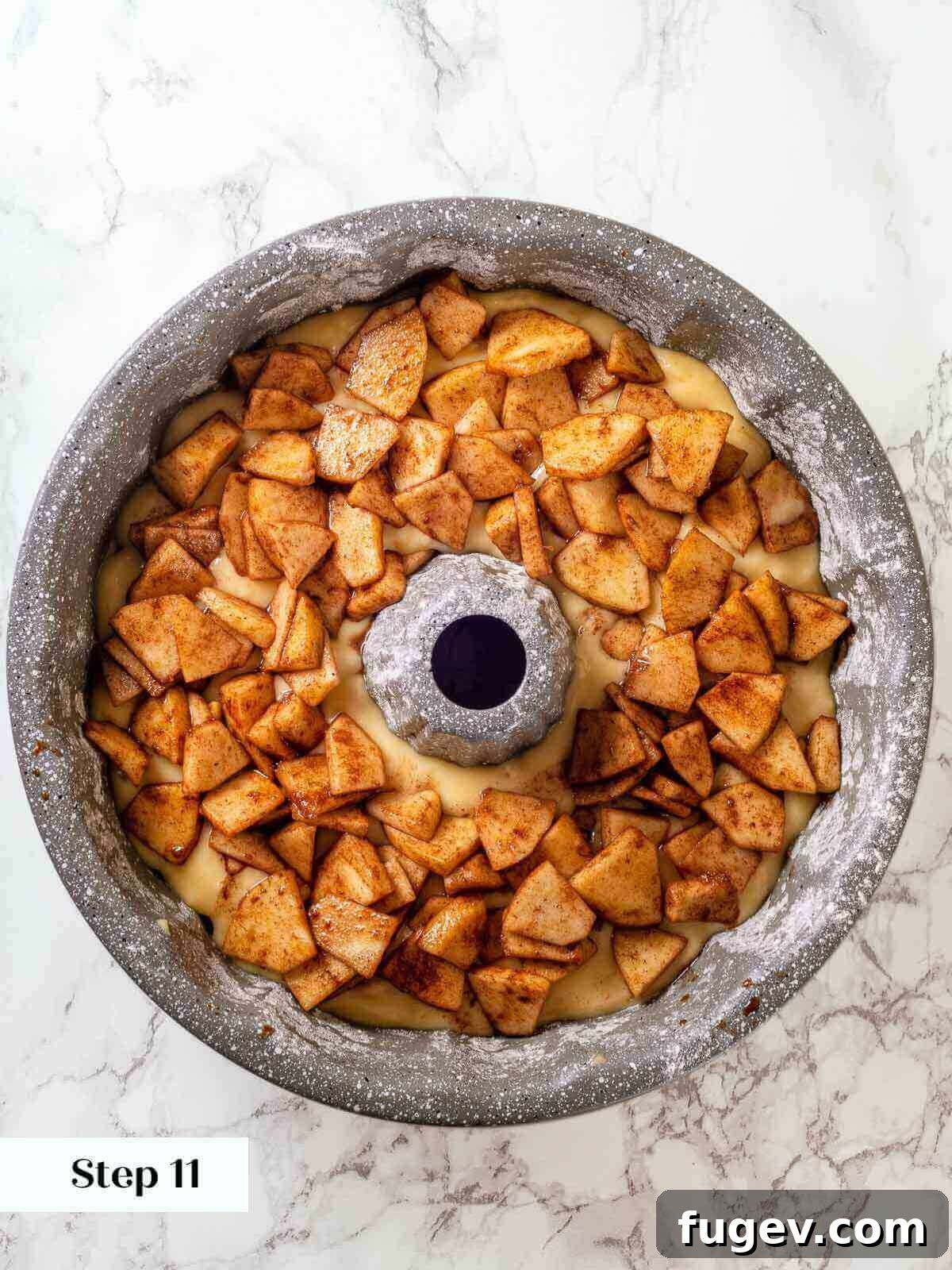 Grandma's Jewish Apple Cake 10 The final layer of apples arranged on top of the unbaked Jewish apple cake.