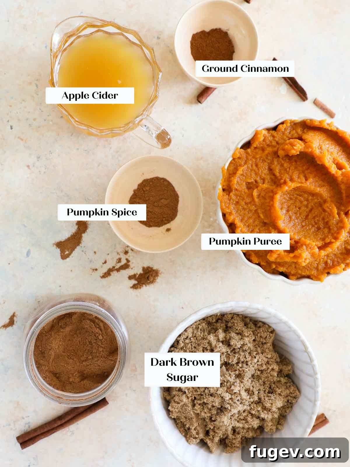 Cozy Spiced Pumpkin Butter 4 A beautiful display of fresh pumpkin, apple cider, brown sugar, cinnamon, and pumpkin pie spice – all the key ingredients for homemade pumpkin butter.