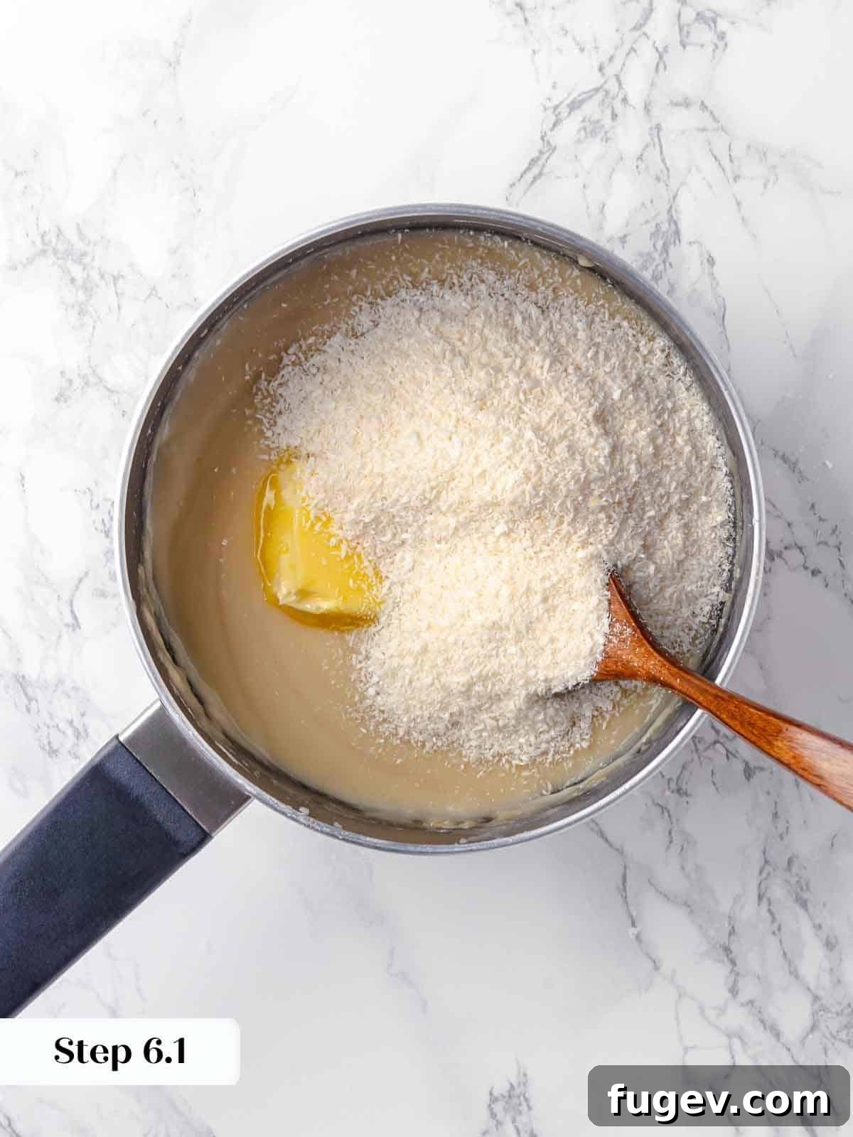 Luscious Coconut Cream Pie 10 Cold unsalted butter being whisked into the warm coconut pie filling in a saucepan, creating a silky smooth, luxurious finish.