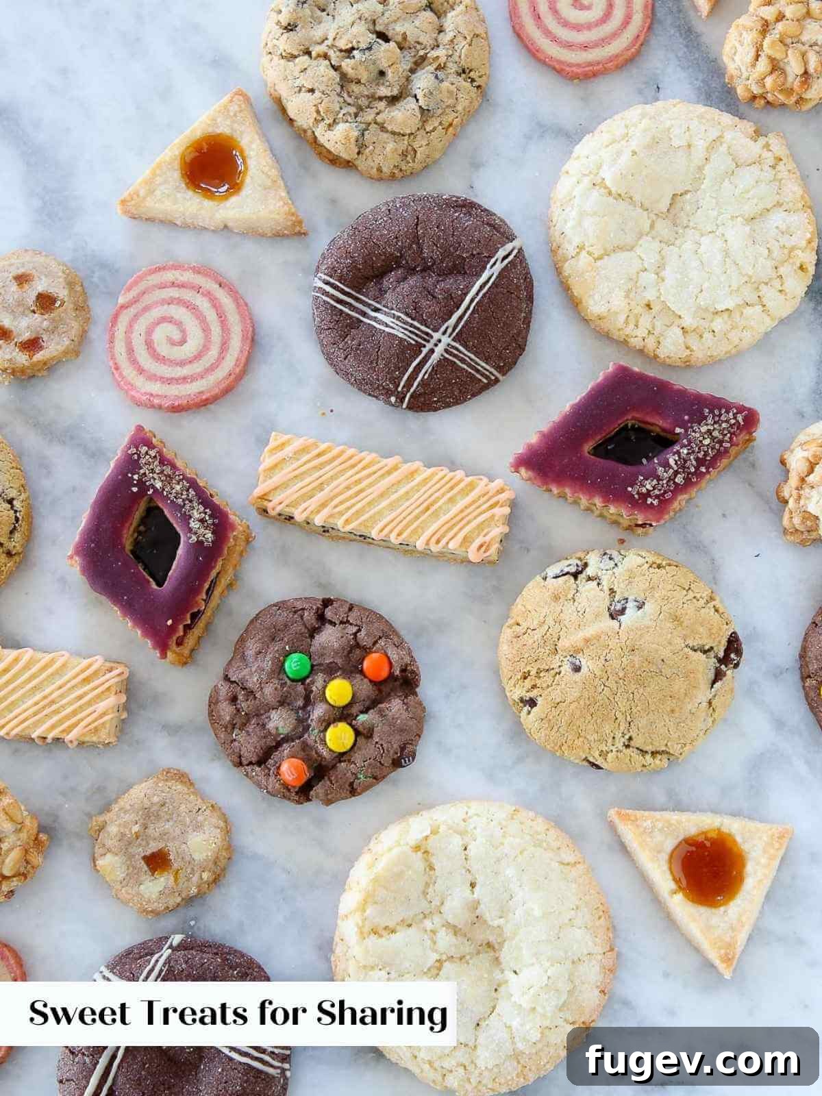 Gifts to Delight Any Home Cook 4 An inviting assortment of homemade cookies, including classic chocolate chip and delicate shortbread, artfully arranged on a clean white marble surface, perfect for sharing.