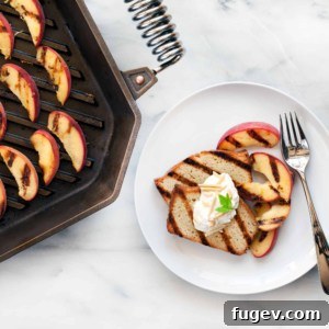 Char-Kissed Almond Pound Cake with Juicy Peaches 2 Beautifully plated grilled almond pound cake with fresh peaches, whipped cream, and mint sprigs