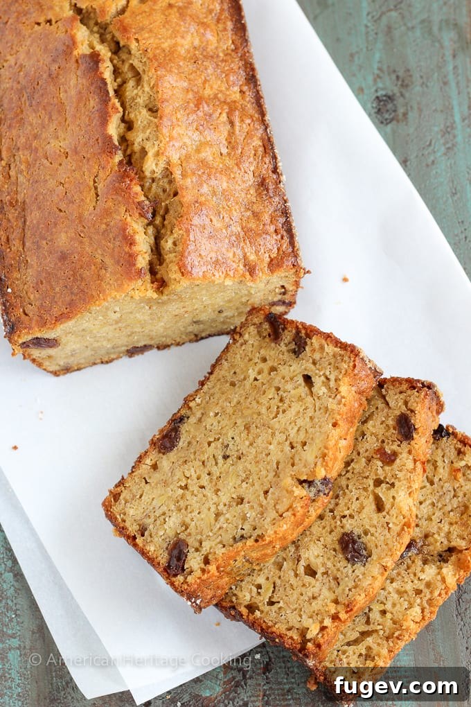Nutty Brown Butter Rum Raisin Banana Bread 3 Close-up of the moist interior of Brown Butter Rum Raisin Banana Bread with visible raisins