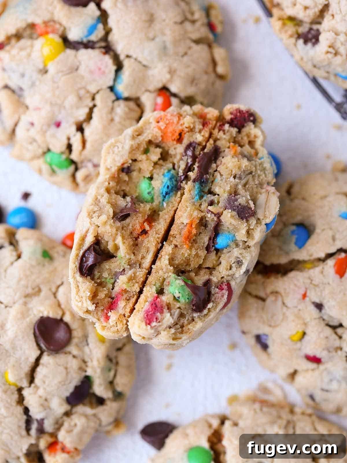 Ultimate Monster Cookies 2 Monster cookies studded with colorful M&Ms, chocolate chips, and oats for a rich texture.