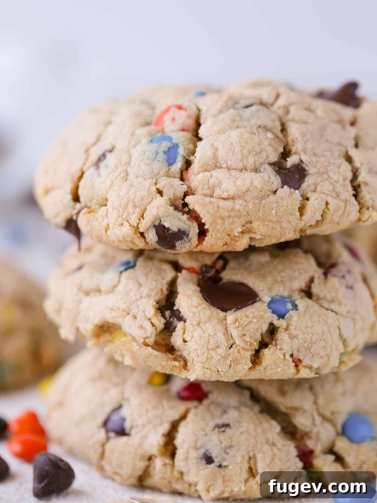 Ultimate Monster Cookies 12 A stack of three thick monster cookies, highlighting their chunky texture.
