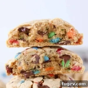 A close-up of a thick monster cookie, emphasizing its hearty, chewy layers.