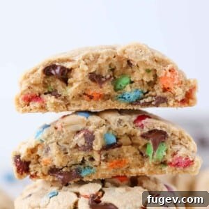 Ultimate Monster Cookies 3 A close-up of a thick monster cookie, emphasizing its hearty, chewy layers.