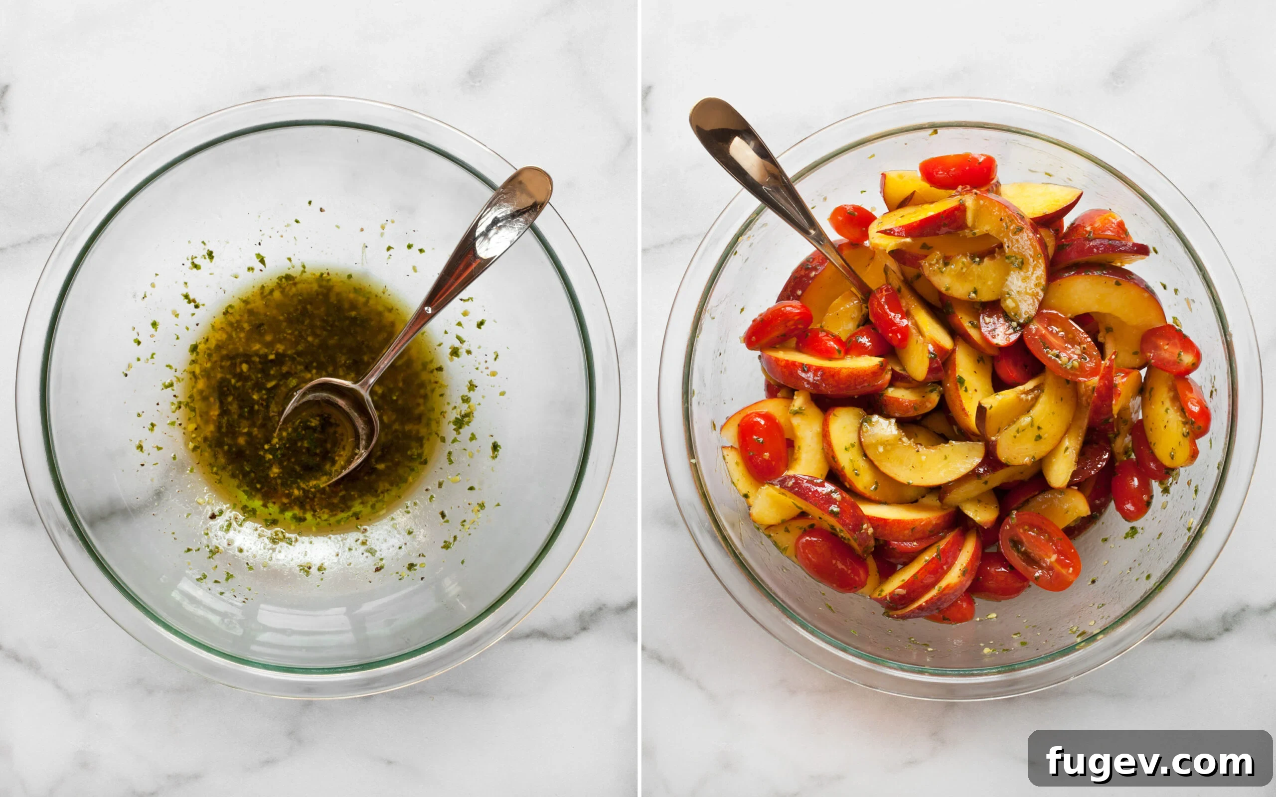Sun-Kissed Peach, Tomato & Burrata Salad 5 Two images side by side: one showing a whisk blending pesto vinaigrette in a bowl, and the other showing peaches and tomatoes being stirred into the dressing.