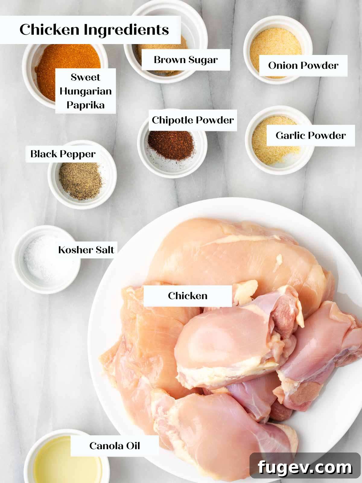 Tender Oven-Baked BBQ Chicken Breast 5 Dry rub spices and raw chicken breasts on a marble countertop, ready for preparation.