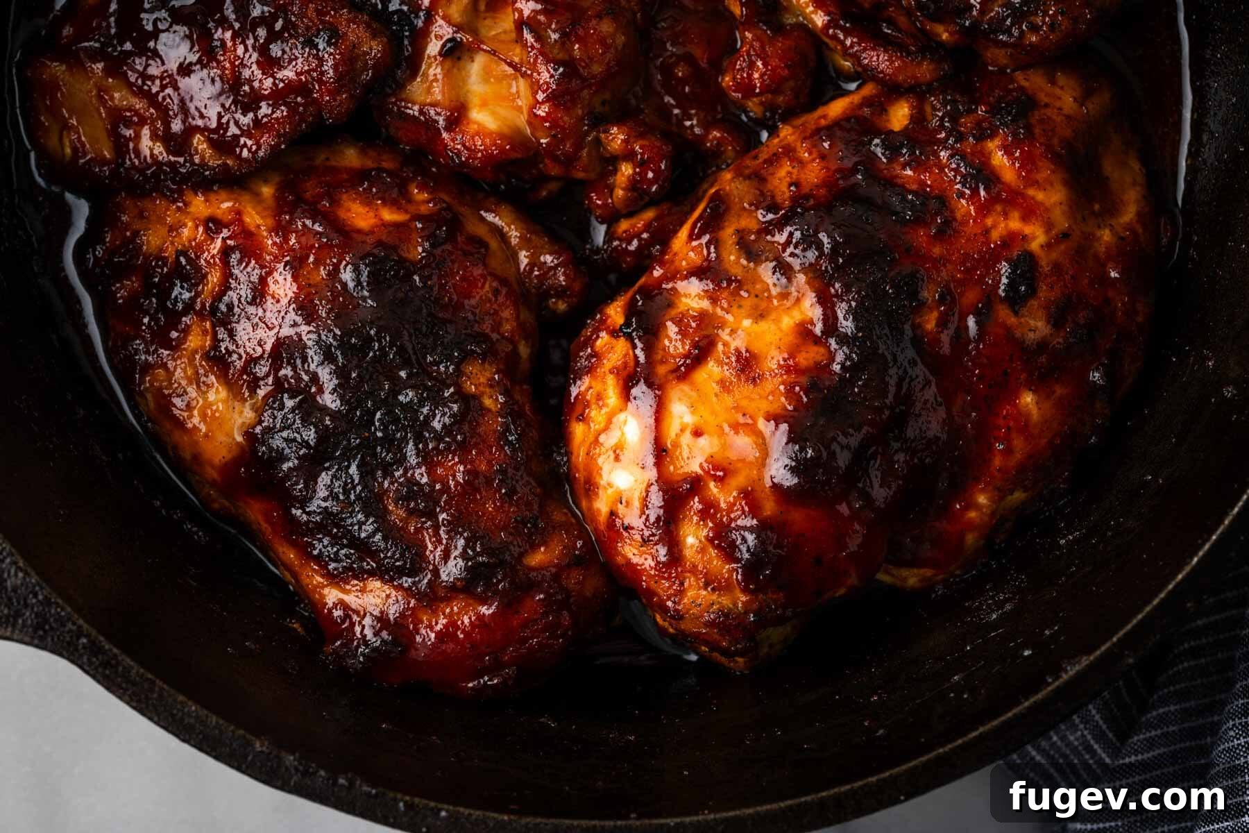 Tender Oven-Baked BBQ Chicken Breast 6 A vibrant baked bbq chicken meal served in a cast iron skillet, garnished and ready.