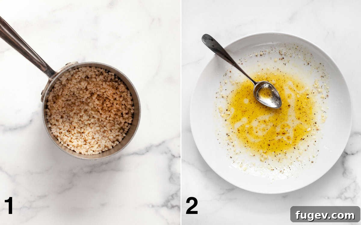 Wholesome Barley Tabbouleh 4 Two images side by side. Left shows perfectly cooked pearl barley in a pot. Right shows a large mixing bowl with the zesty lemon, olive oil, garlic, salt, and pepper dressing whisked together.
