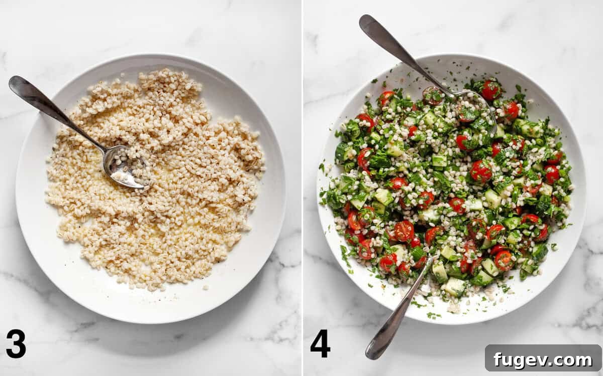 Wholesome Barley Tabbouleh 5 Two images side by side. Left shows cooked pearl barley being stirred into the lemon-olive oil dressing in a large bowl. Right shows the complete tabbouleh salad, fully mixed and vibrant, in a large bowl.
