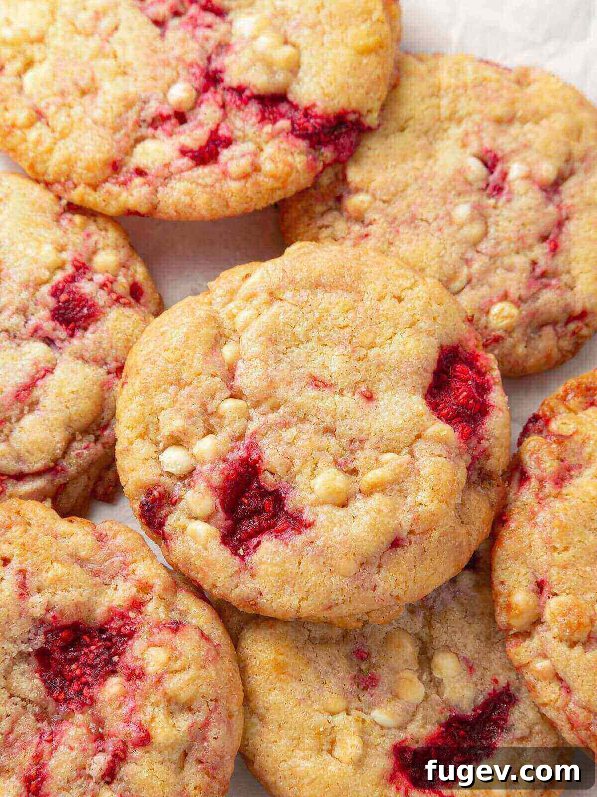 Velvet White Chocolate Raspberry Cookies 17 A beautifully arranged group of freshly baked white chocolate raspberry cookies on a white plate, ready for serving.