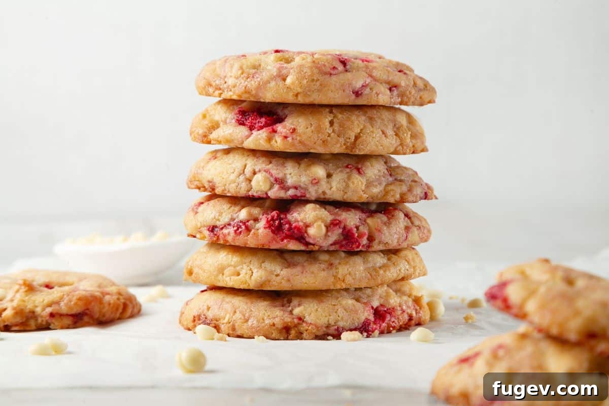 Velvet White Chocolate Raspberry Cookies 4 A beautifully stacked pile of golden-brown white chocolate raspberry cookies, showcasing their inviting exterior and vibrant raspberry swirls, ready to be enjoyed.
