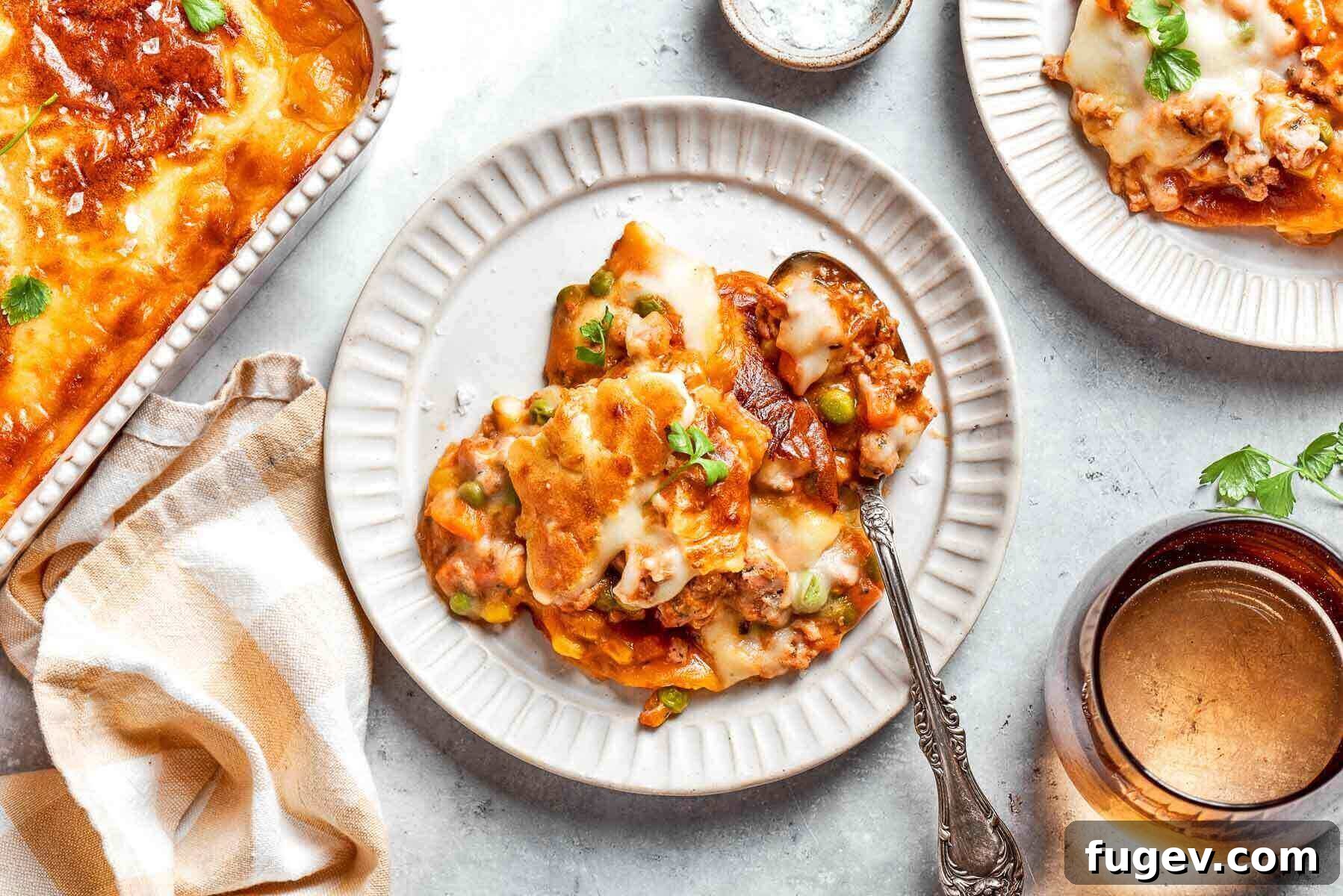 Golden Chicken Potato Bake 4 A cozy dinner plate featuring a golden, creamy serving of Chicken Shepherd’s Pie.