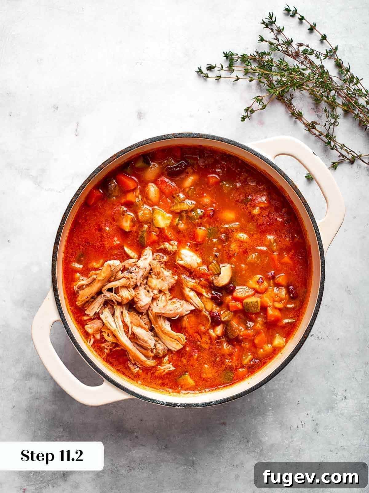 Nourishing Chicken Vegetable Medley 15 Freshly shredded chicken meat added back into the rich vegetable soup.