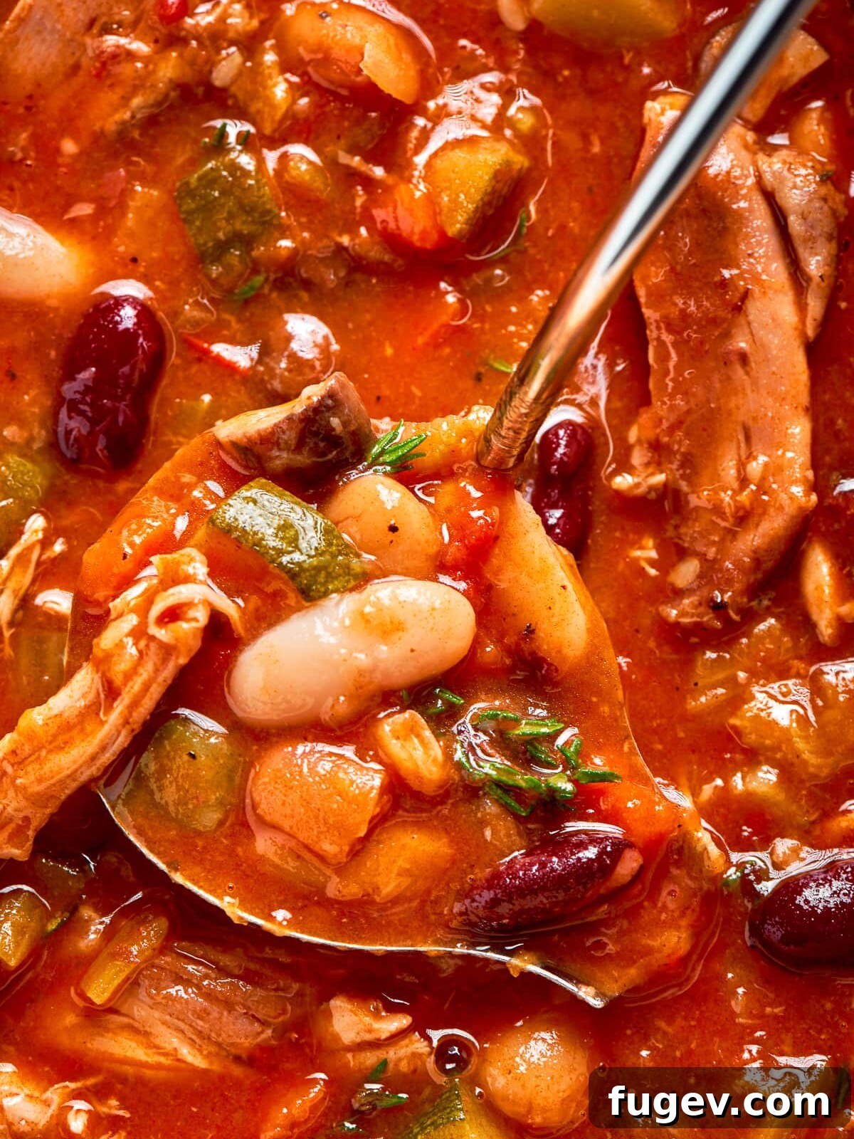 Nourishing Chicken Vegetable Medley 18 A ladle scooping hot, rich chicken vegetable soup directly from the pot.