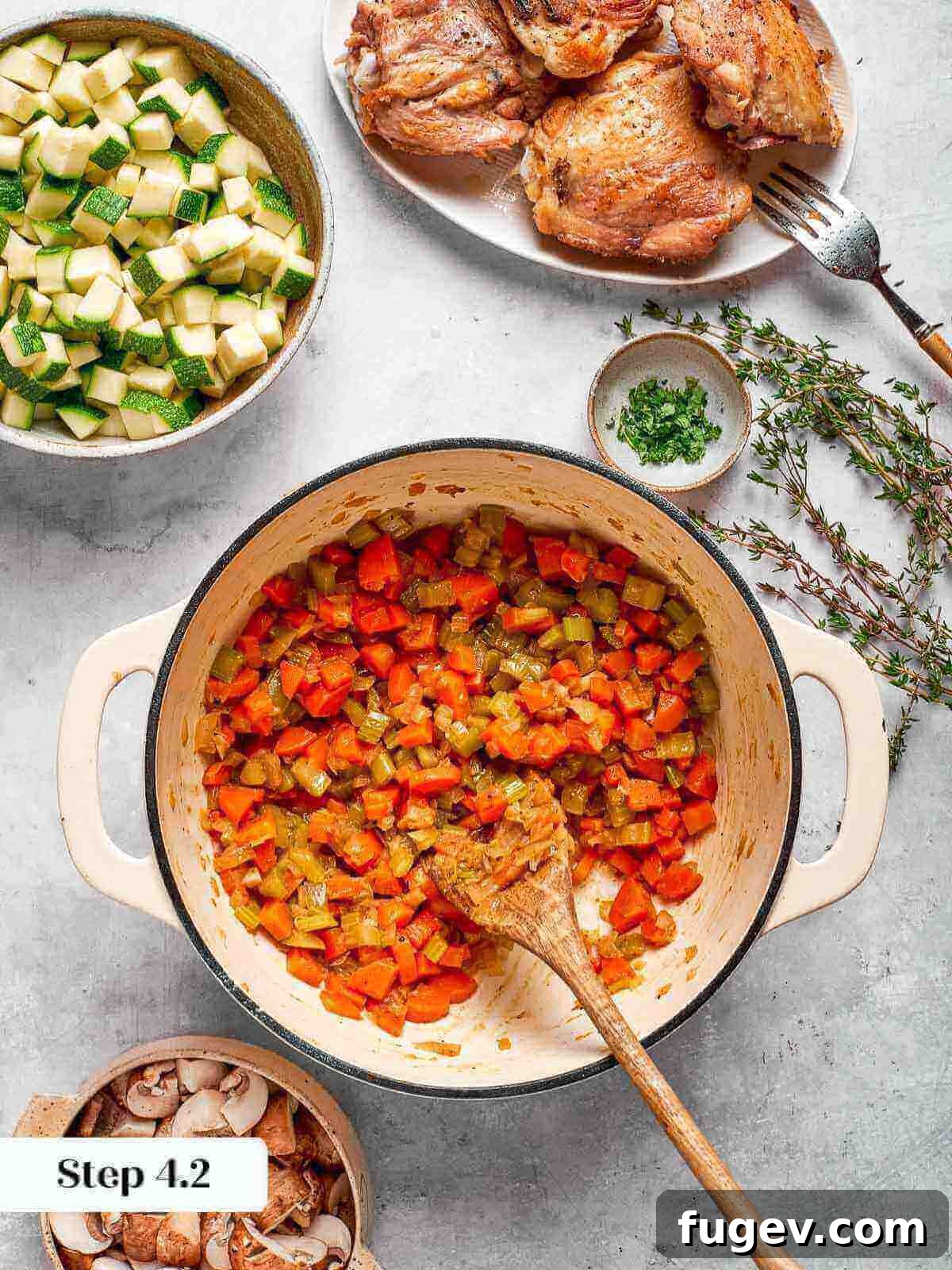 Nourishing Chicken Vegetable Medley 8 Softened celery mixed into the simmering vegetable base of the soup.