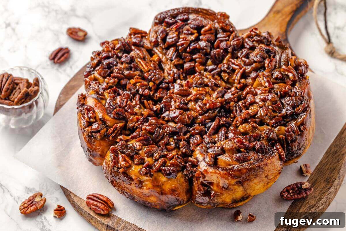 Gooey Pecan Caramel Rolls 3 Golden brown sticky buns with a thick layer of caramelized topping.