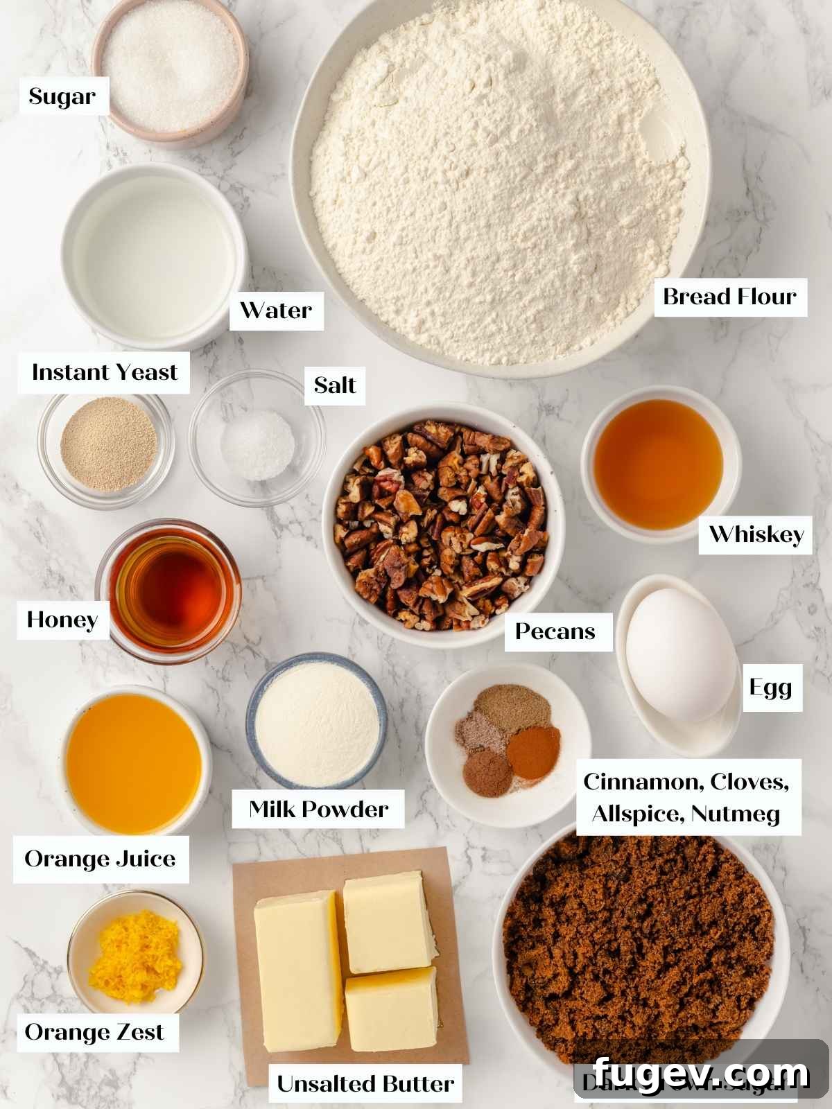 Gooey Pecan Caramel Rolls 4 All the ingredients for sticky buns arranged on a countertop.