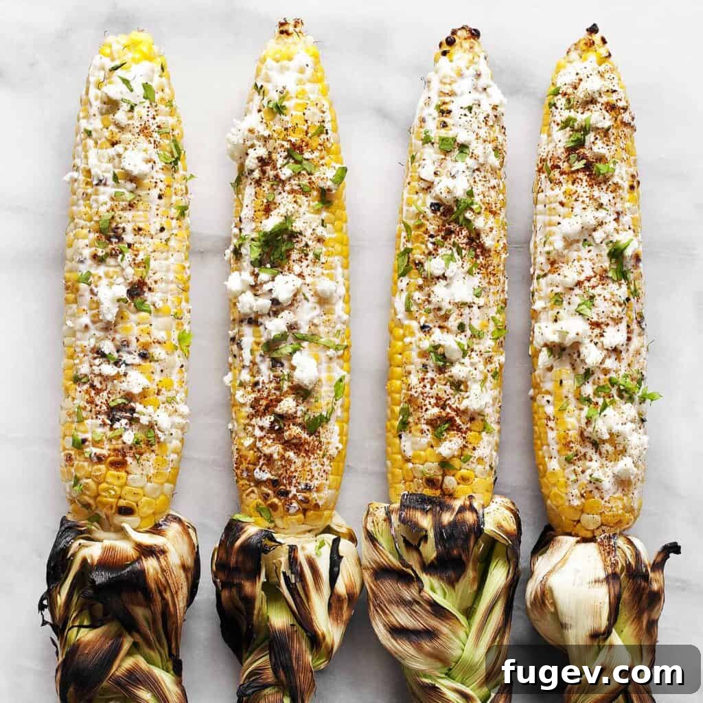 Smoky Chili-Lime Elote 2 Grilled Mexican Street Corn with Greek Yogurt, Cotija, and Chili Powder