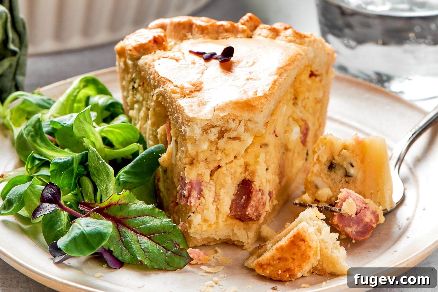 Rustic Italian Easter Pie 4 A slice of pizza rustica with a perfect cross-section, revealing its soft, cheesy interior studded with cured meats.
