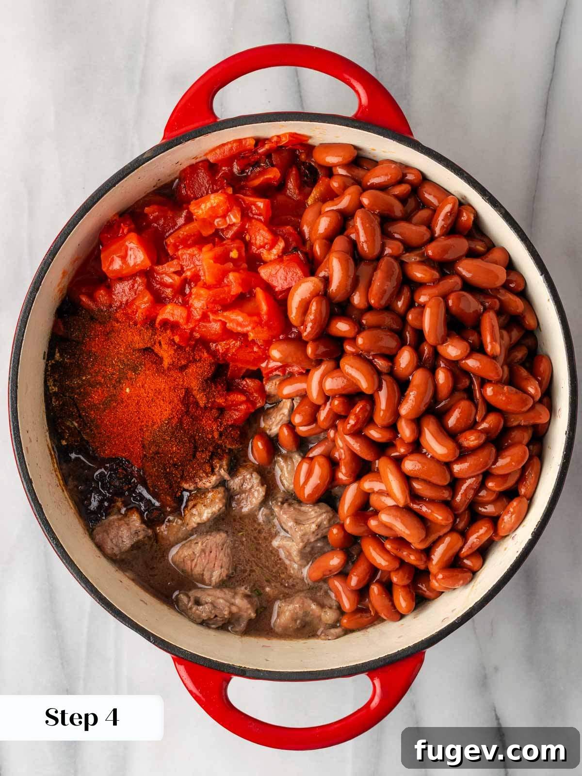Hearty Steak Chili 8 All chili ingredients combined in the pot.