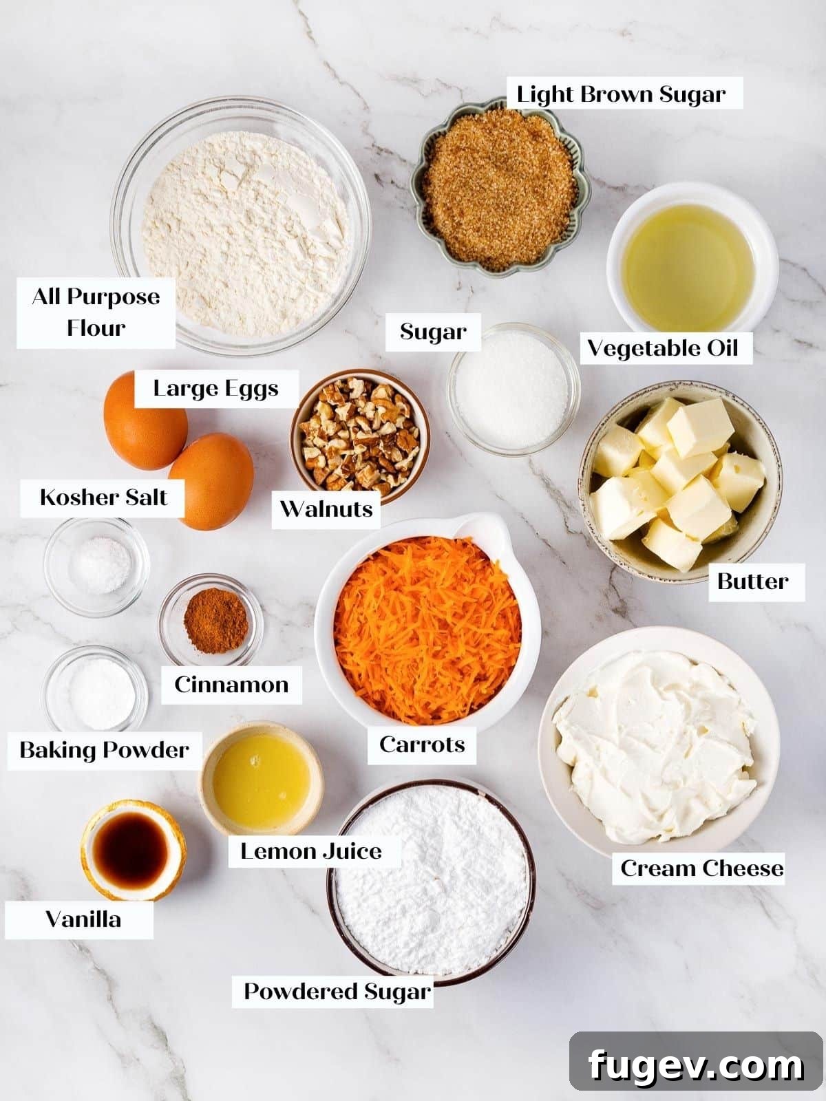 Decadent Carrot Cake Cupcakes 4 All ingredients for carrot cake cupcakes laid out on the counter.