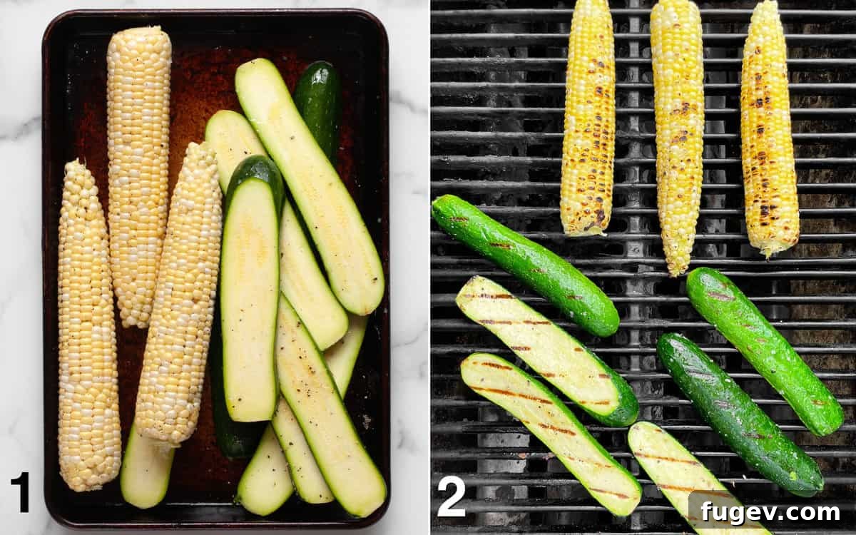 Summer Corn & Zucchini Medley 4 Raw zucchini slices and corn on the cob tossed with olive oil, salt, and pepper on a baking sheet, next to a close-up of zucchini and corn grilling on a hot grill.