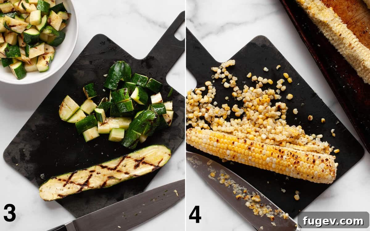 Summer Corn & Zucchini Medley 5 Close-up of diced grilled zucchini on a cutting board and grilled corn kernels being sliced off the cob onto a cutting board.