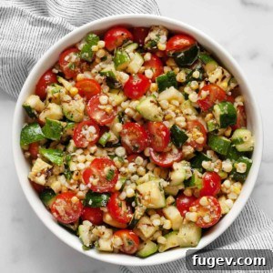 Summer Corn & Zucchini Medley 8 Grilled zucchini salad with corn and tomatoes in a bowl.