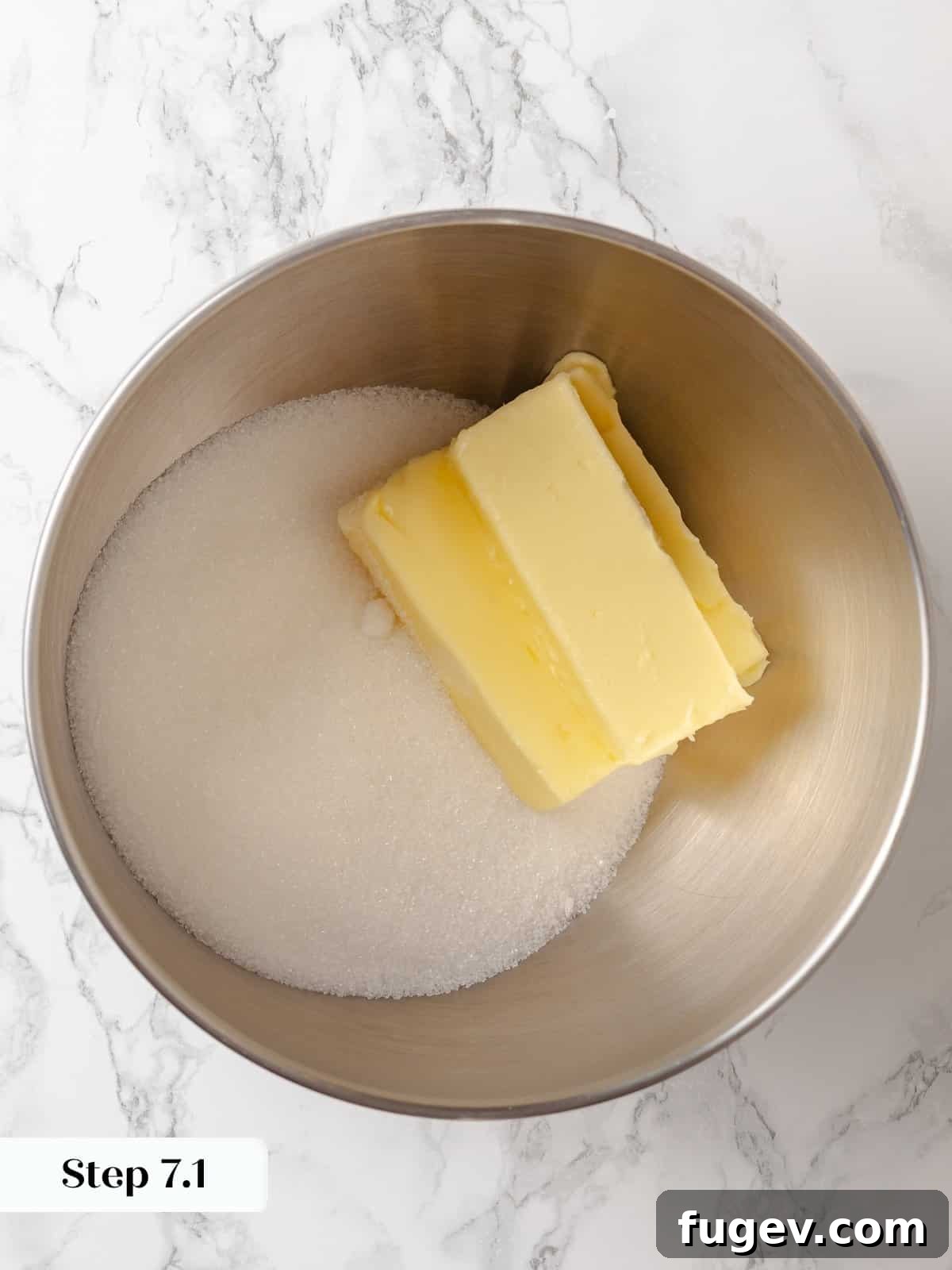 Strawberry Bliss Pound Cake 11 Softened butter and granulated sugar prepared in a stand mixer bowl, ready for creaming until light and fluffy.