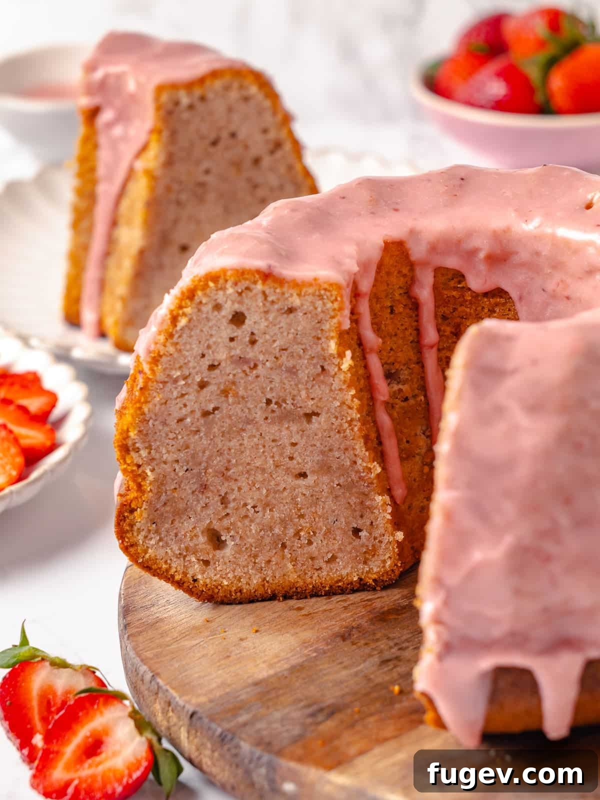 Strawberry Bliss Pound Cake 21 Beautifully sliced strawberry pound cake artfully arranged on a rustic wooden cutting board, surrounded by fresh strawberries and delicate cake crumbs, ready for serving.