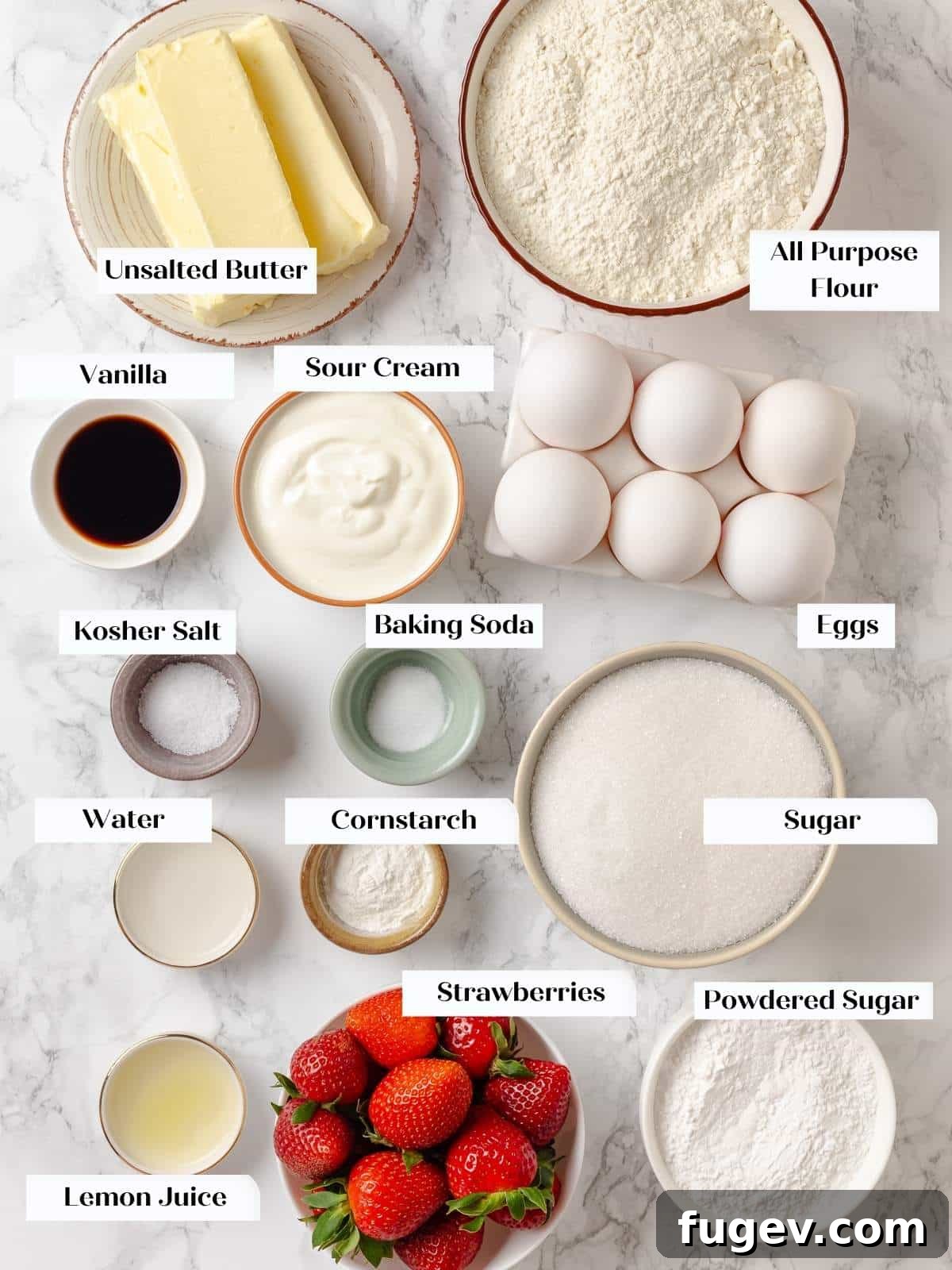 Strawberry Bliss Pound Cake 4 All the essential ingredients for strawberry pound cake, perfectly measured and neatly arranged on a clean kitchen countertop, ready for baking.