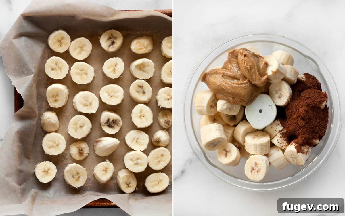 Salted Peanut Chocolate Ice Cream Bliss 5 Steps for making nice cream: Freezing banana chunks on a tray, then blending them with other ingredients.
