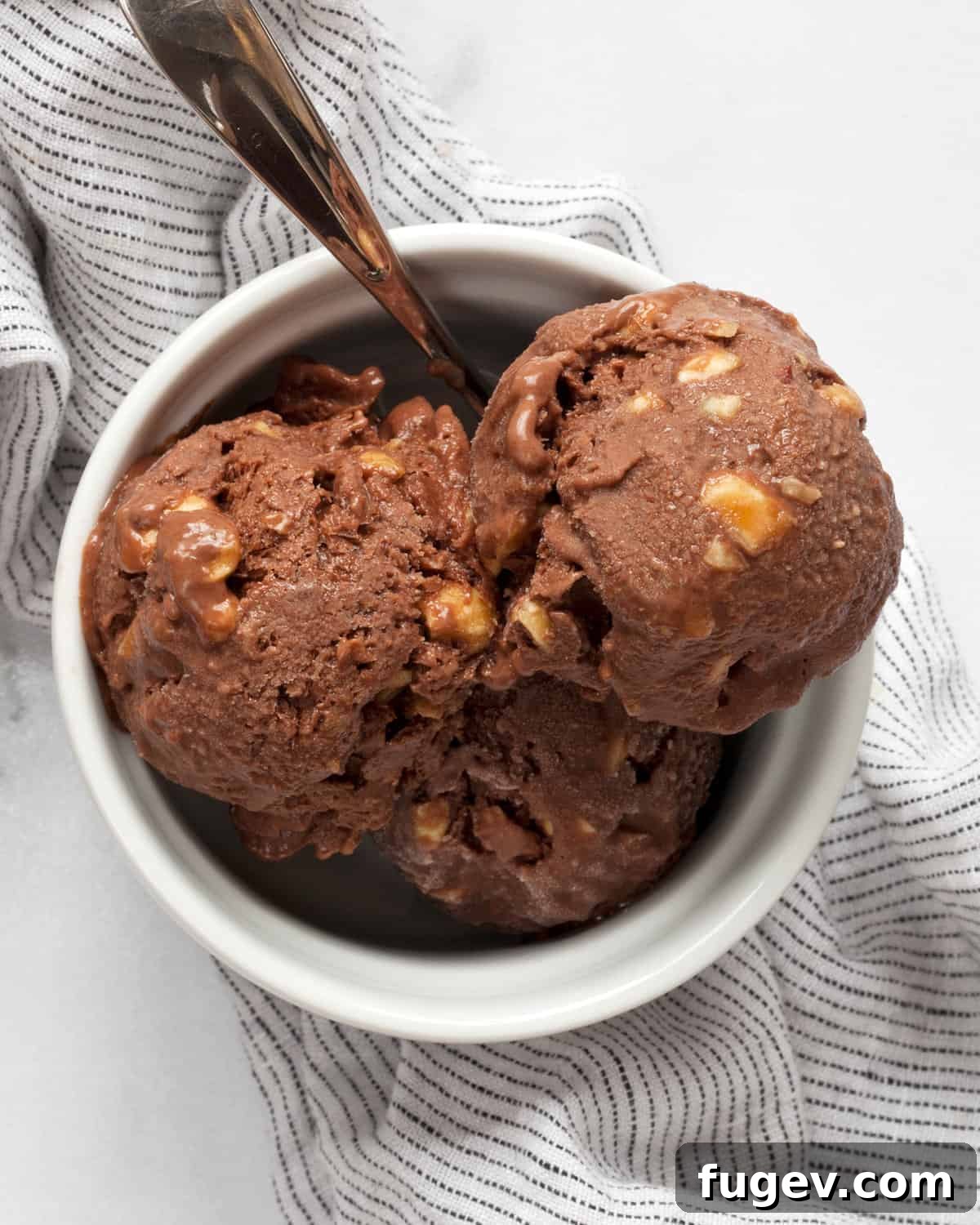 Salted Peanut Chocolate Ice Cream Bliss 8 A bowl of vegan chocolate ice cream with a spoon, ready to be enjoyed.