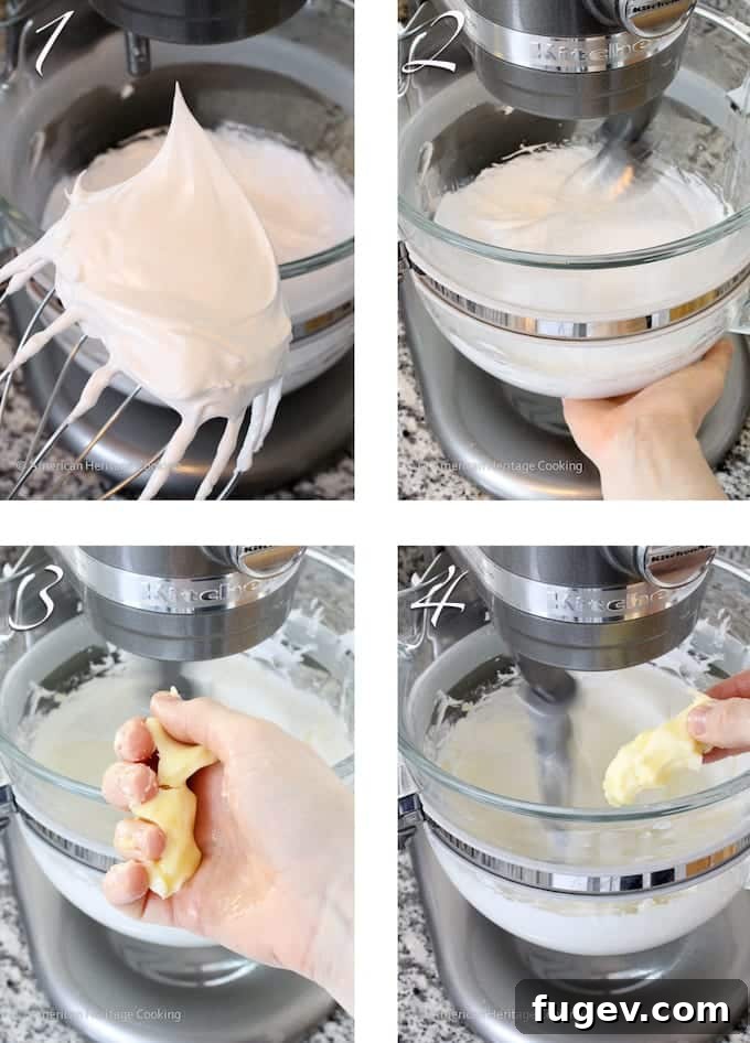 Two images side by side: one showing egg whites whipped to stiff peaks, and the other depicting a hand gently squeezing a pliable piece of butter.