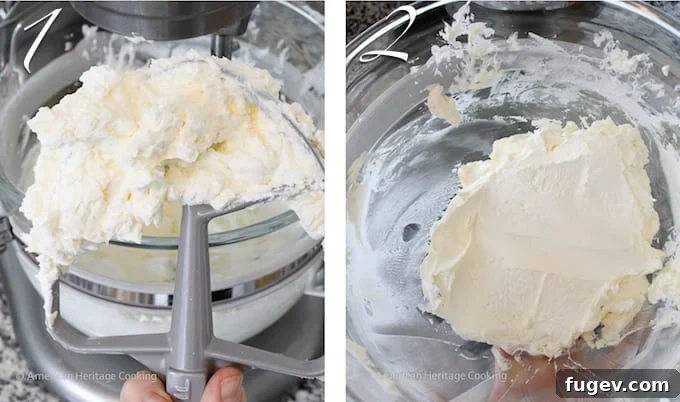 Smooth and creamy buttercream perfectly coating a paddle attachment, with no visible pieces of butter, indicating a successful emulsion.