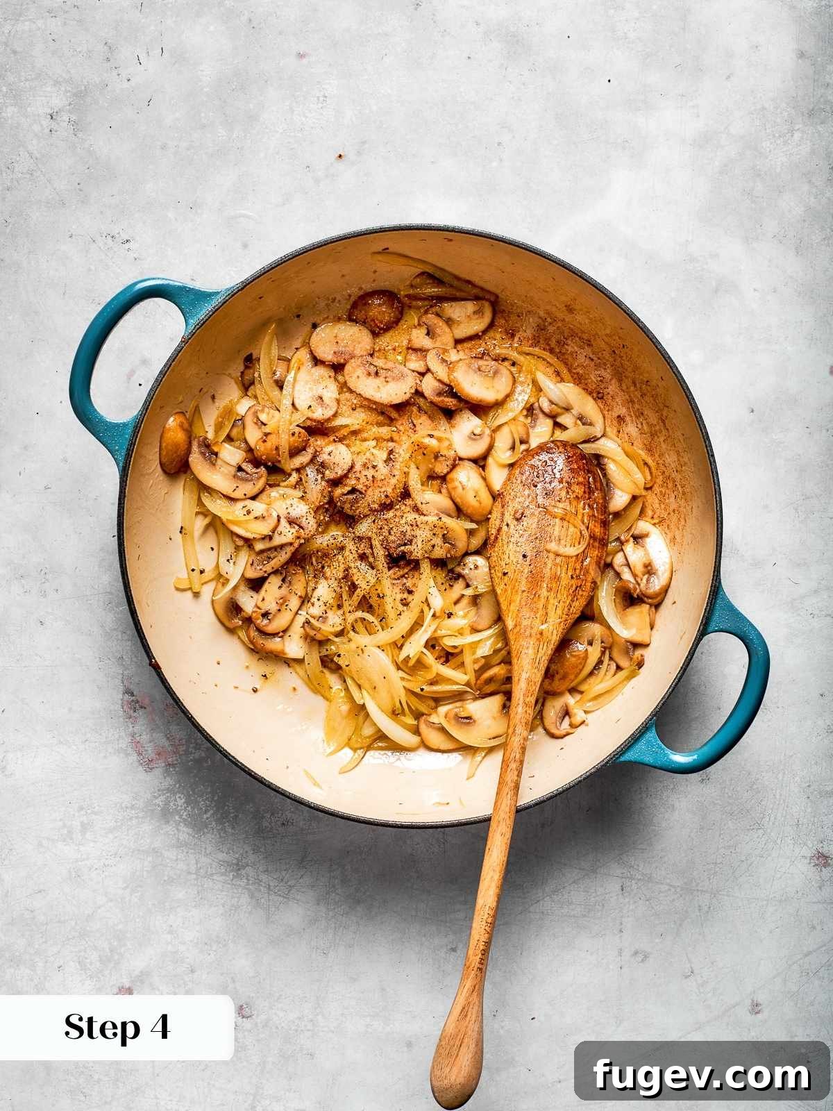 Gochujang Glazed Chicken 7 Sautéed onions and mushrooms caramelized in skillet before adding chicken and sauce.