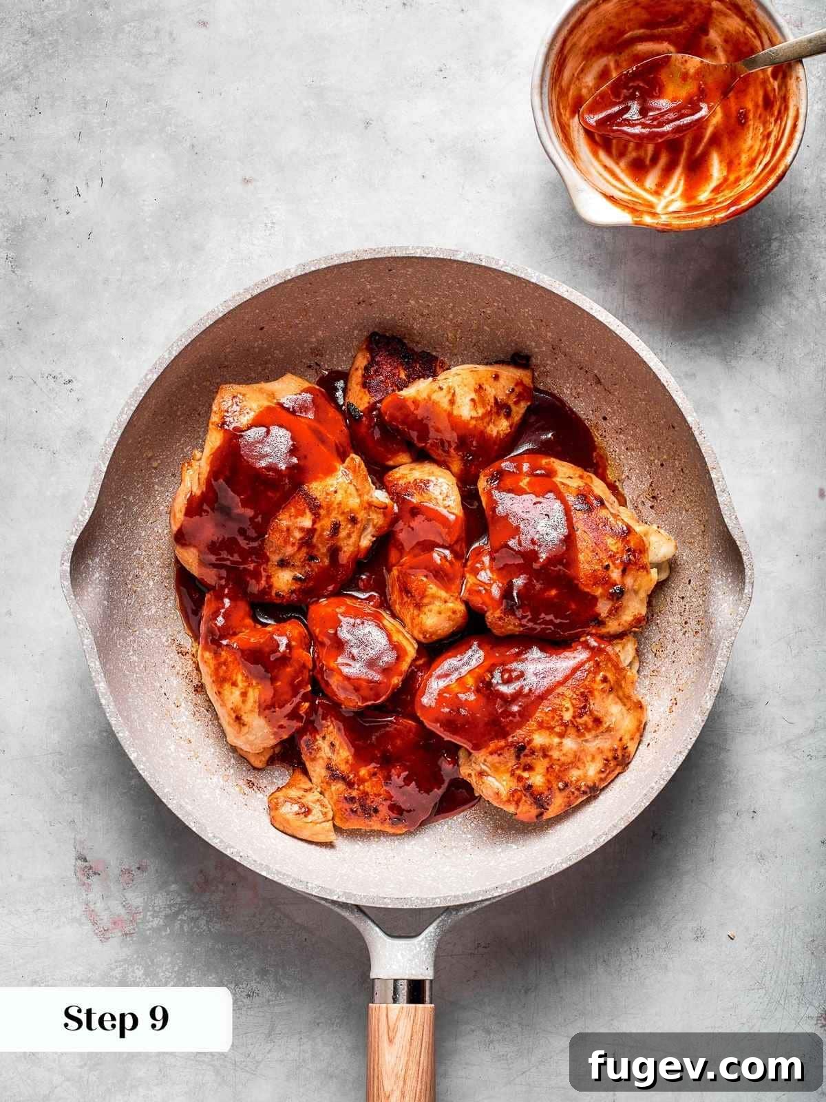 Gochujang Glazed Chicken 10 Chicken coated with freshly stirred sauce, ready to simmer into sticky perfection.