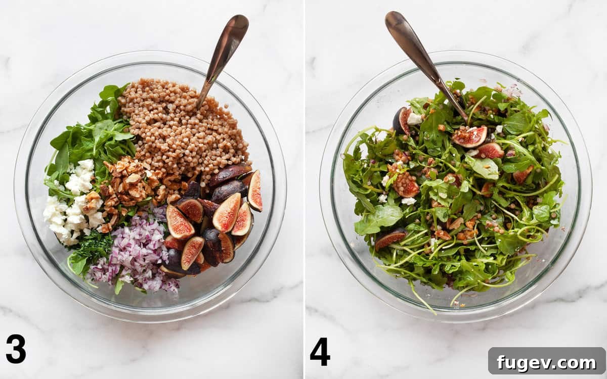 Mediterranean Fig, Chevre and Arugula Couscous Salad 4 A large mixing bowl filled with the colorful ingredients for the fig salad including arugula, couscous, quartered figs, diced red onions, goat cheese, and walnuts. Another image shows the salad fully tossed with the dressing.