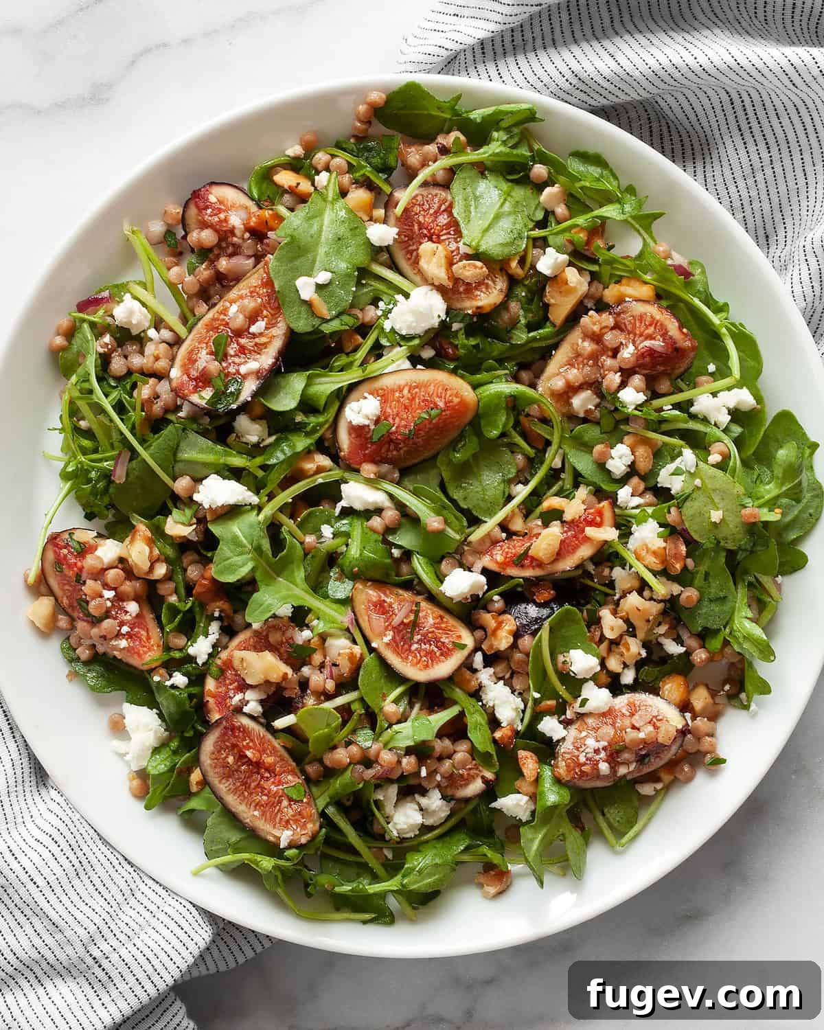 Mediterranean Fig, Chevre and Arugula Couscous Salad 5 A beautifully plated serving of arugula salad with fresh figs, crumbled goat cheese, and couscous, garnished with fresh parsley.
