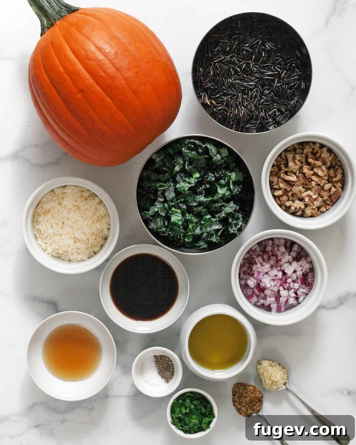 Autumn Harvest Wild Rice and Pumpkin Medley 3 A flat lay of all the essential ingredients for roasted pumpkin wild rice salad: wild rice, pumpkin, kale, red onions, parmesan, walnuts, maple syrup, olive oil, balsamic vinegar, garlic, mustard, salt, and pepper.