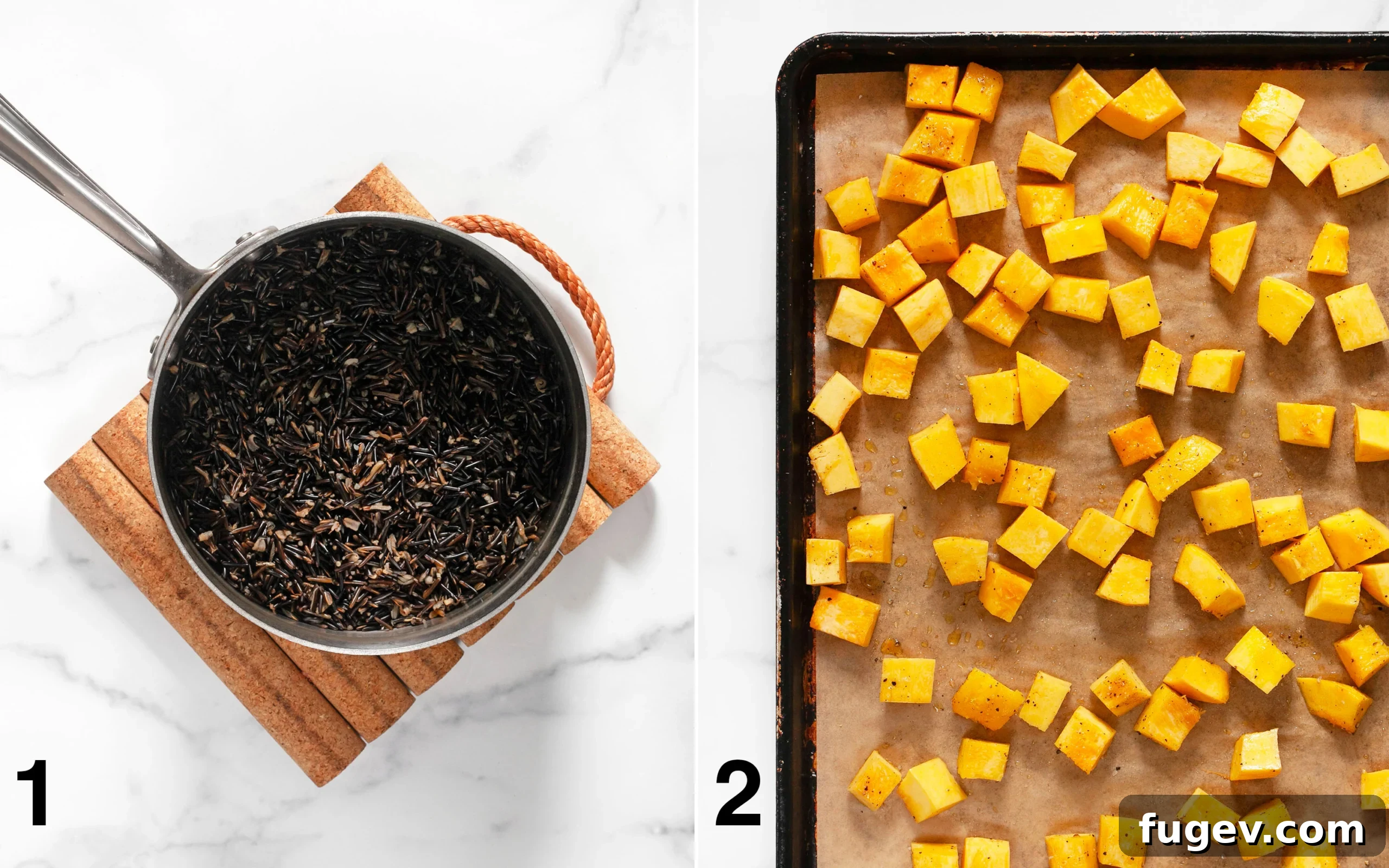 Autumn Harvest Wild Rice and Pumpkin Medley 4 Left image shows cooked wild rice in a pot, fluffy and ready. Right image shows cubed pumpkin tossed with oil, salt, and pepper, spread on a sheet pan before roasting.