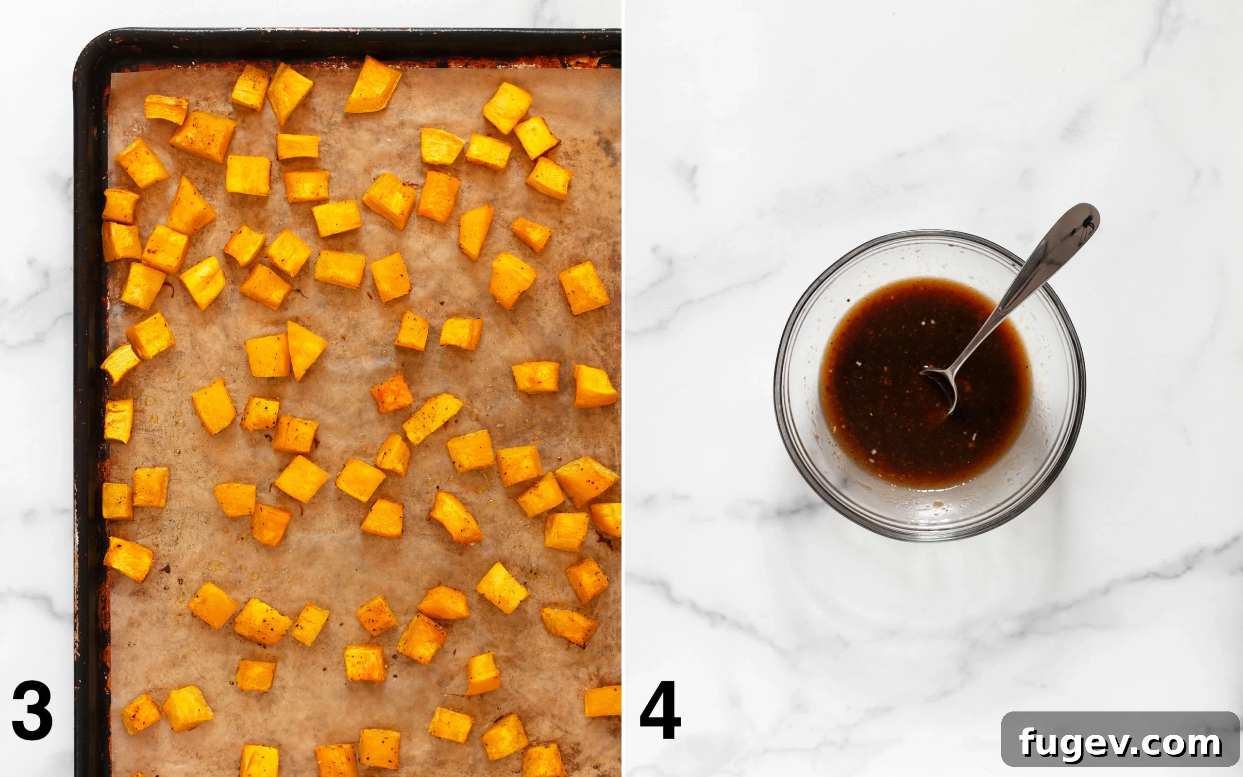 Autumn Harvest Wild Rice and Pumpkin Medley 5 Left image shows golden roasted pumpkin pieces on a sheet pan. Right image shows a small bowl filled with the maple balsamic vinaigrette.