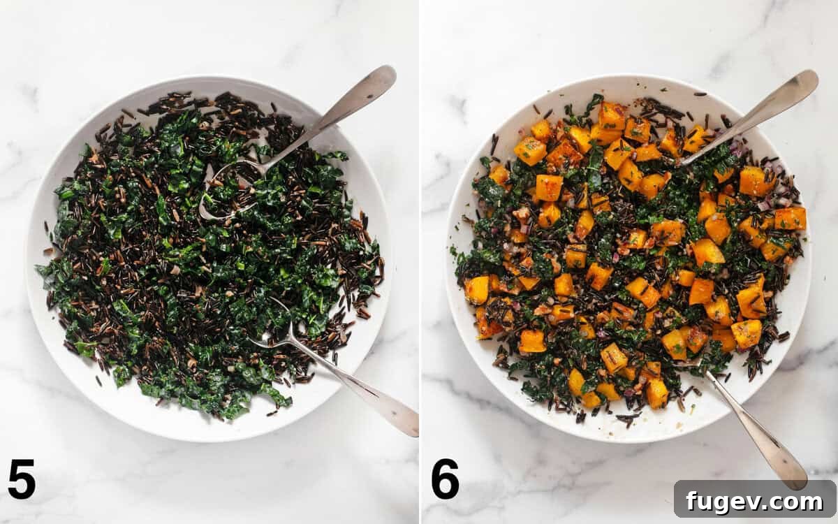 Autumn Harvest Wild Rice and Pumpkin Medley 6 Left image shows wild rice and chopped kale being tossed together in a large bowl. Right image shows all the final ingredients like roasted pumpkin, red onions, walnuts, and Parmesan folded into the wild rice mixture.