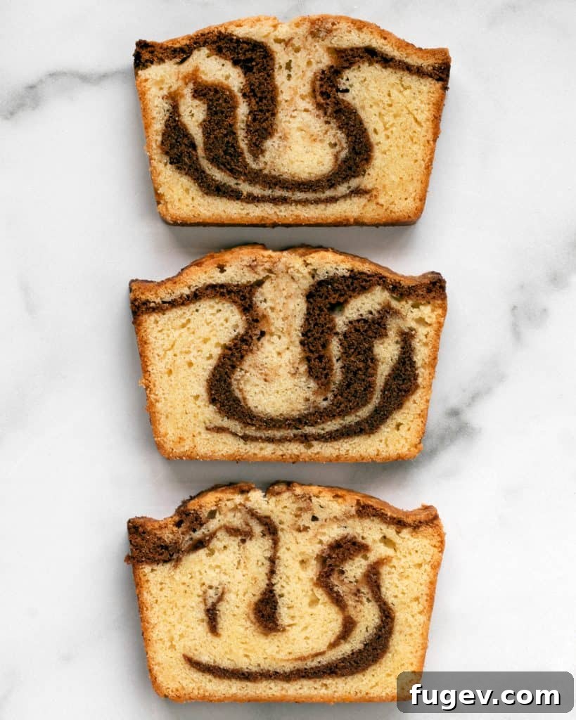 Swirled Pound Cake 4 Slice of homemade Marble Pound Cake, ready to be enjoyed