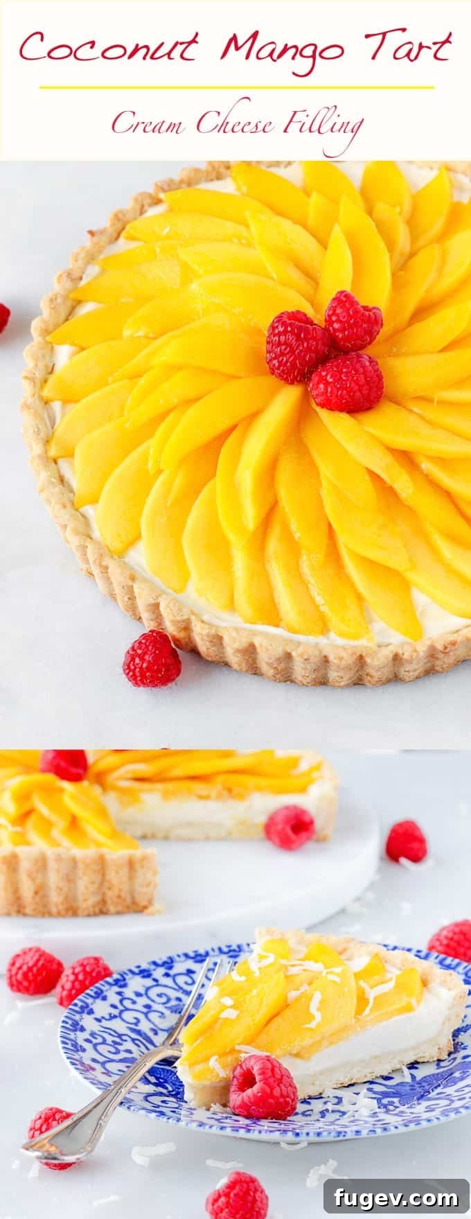 Tropical Mango Coconut Dream 9 A large, inviting Coconut Mango Tart on a serving platter, awaiting eager guests.